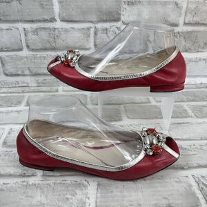 Via Spiga Italian Women’s Size 7.5 Peep Toe Red Leather Beaded Ballerina Flats